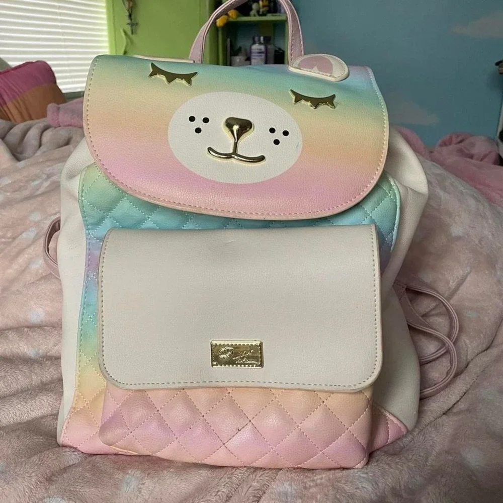 Betsey Johnson cat backpack‎  in Rainbow and white